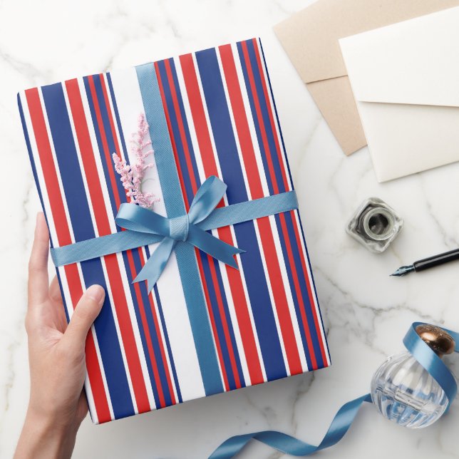 Patriotic Red White Blue Vertical Stripes Pattern Wrapping Paper (Gifting)