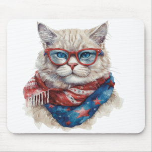 PATRIOTIC RED WHITE BLUE WATERCOLOR KITTY CAT MOUSE MAT