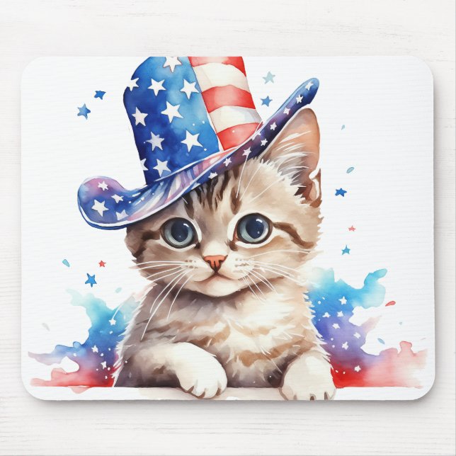 PATRIOTIC RED WHITE BLUE WATERCOLOR KITTY CAT MOUSE MAT (Front)