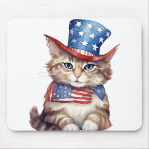 PATRIOTIC RED WHITE BLUE WATERCOLOR KITTY CAT MOUSE MAT