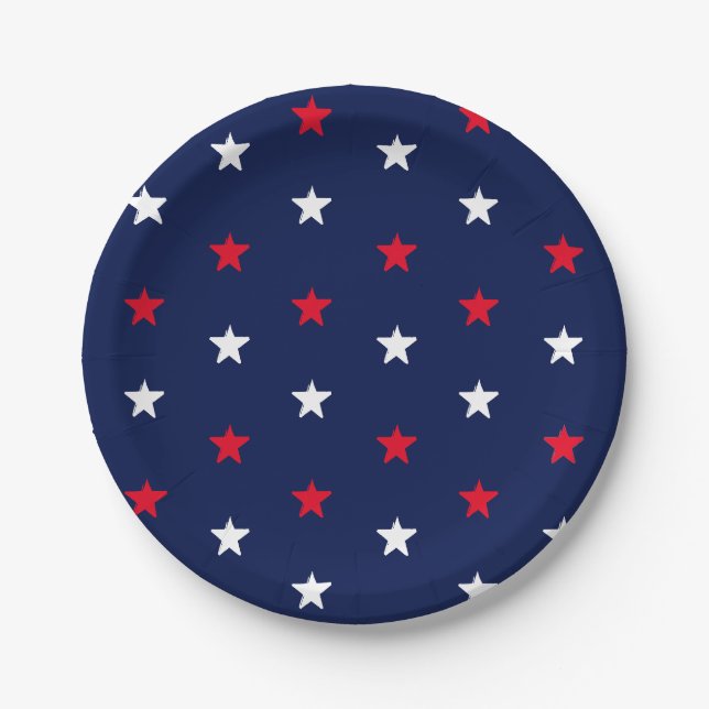 Patriotic red white dark navy blue stars pattern paper plate (Front)