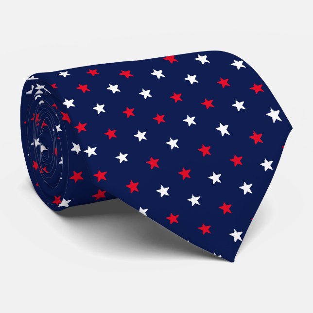 Patriotic red white dark navy blue stars pattern tie (Rolled)