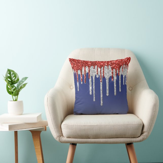 Patriotic Red White Glitter Drip Blue Cushion (Chair)