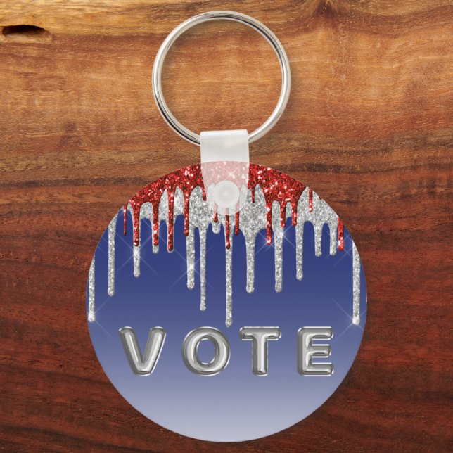 Patriotic Red White Glitter Drip Blue Vote Key Ring (Front)