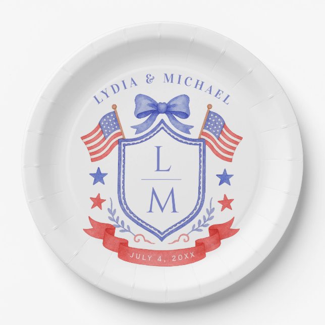 Patriotic Red White & I Do Monogram Wedding Paper Plate (Front)