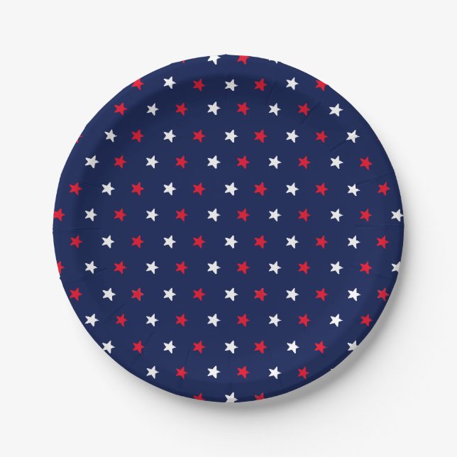 Patriotic red white navy blue stars holiday party paper plate (Front)