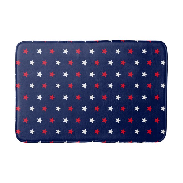 Patriotic red white navy blue stars pattern modern bath mat (Front)