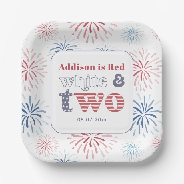 Patriotic Red White Two 2nd Birthday Party Paper Plate (Front)