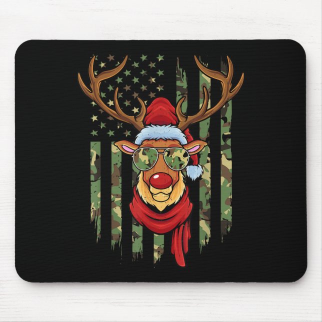 Patriotic Reindeer Camo American Flag Veteran Chri Mouse Mat (Front)