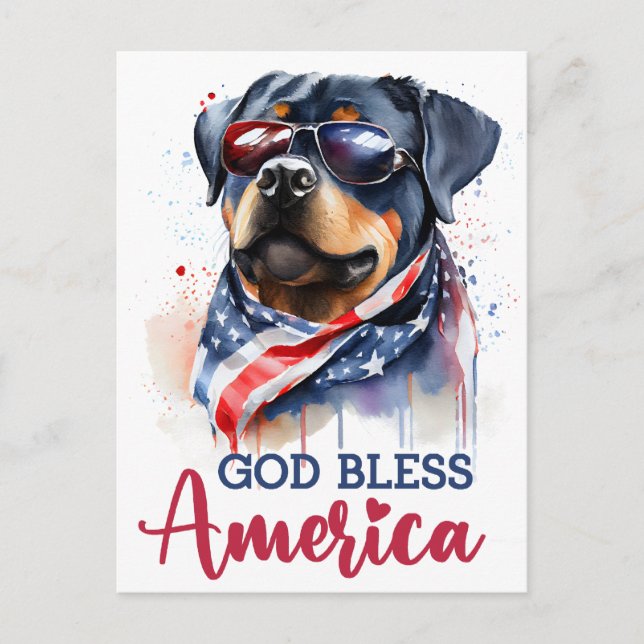 Patriotic Rottweiler, God Bless America Postcard (Front)