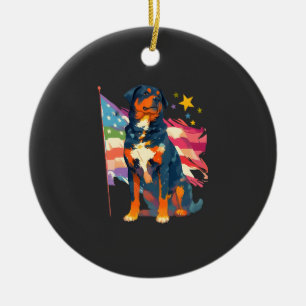 Patriotic Rottweiler with USA Flag Art Ceramic Tree Decoration