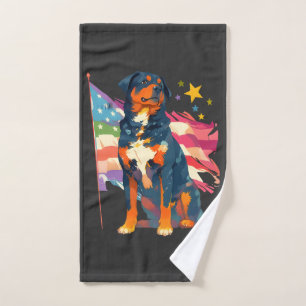 Patriotic Rottweiler with USA Flag Art Hand Towel