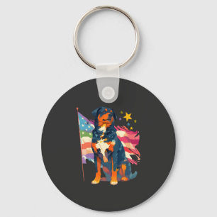 Patriotic Rottweiler with USA Flag Art Key Ring