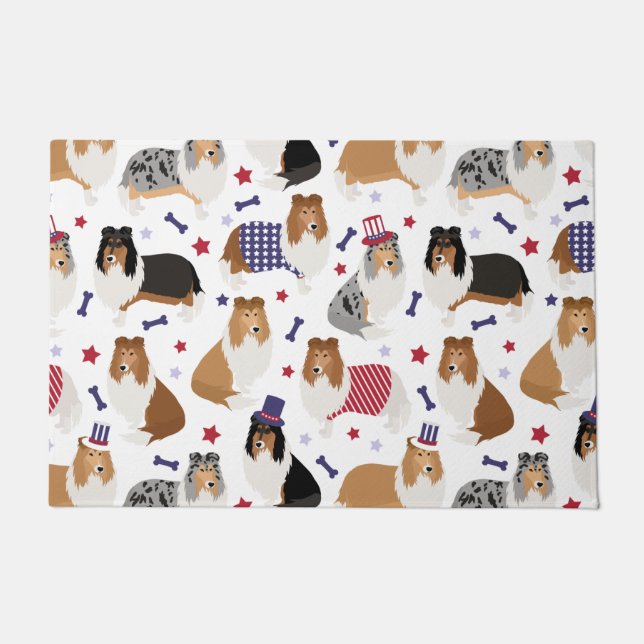 Patriotic Rough Collie Pattern Doormat (Front)