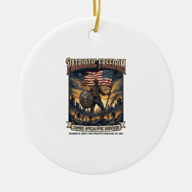 Patriotic Rust Flag Survivor Zombie Apocalypse Fre Ceramic Tree Decoration (Front)