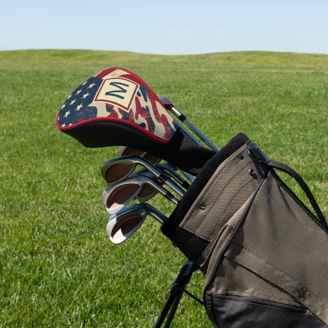 Patriotic Rustic American Flag Camo Monogrammed Golf Head Cover (In Situ)