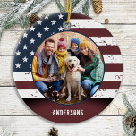 Patriotic Rustic American Flag Custom 2 Photo Ceramic Tree Decoration<br><div class="desc">Rustic American Flag Christmas Ornament. This patriotic stars and stripes usa flag christmas ornament will be a treasured keepsake. Ornament is double sided, you can do 2 favourite photos, one on each side. Perfect for military, soldier Christmas ornament, military veteran, patriotic family. Personalise name on the front, and date on...</div>