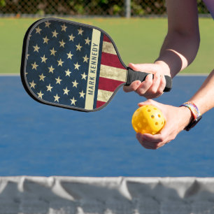 Patriotic Rustic American Flag Custom Name  Pickleball Paddle