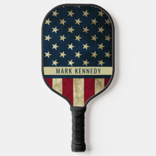 Patriotic Rustic American Flag Custom Name Text Pickleball Paddle