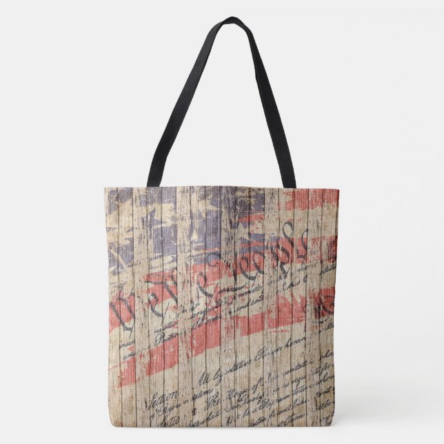 *~* Patriotic Rustic Barnwood Constitution Flag Tote Bag (Front)