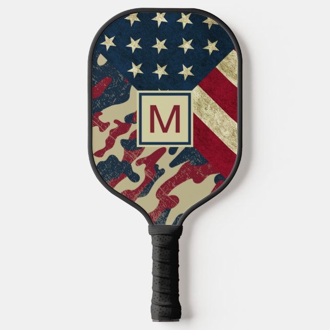 Patriotic Rustic Camo American Flag Monogrammed Pickleball Paddle (Front)
