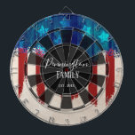 Patriotic Rustic Wood Design Custom Family Name Dartboard<br><div class="desc">Faux wooden background with monogram and family name in centre of the board. Faux wood texture with stars and stripes rustic grunge.</div>