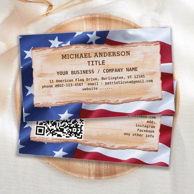 Patriotic Rustic Wood USA American Flag QR Code Business Card (Creator Uploaded)