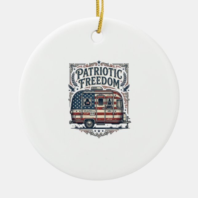 Patriotic RV Camper Vector Graphic Tee Ceramic Tree Decoration (Front)