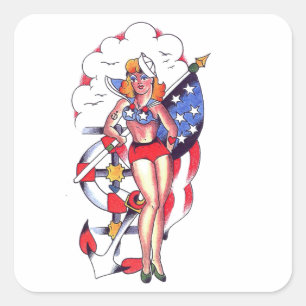 Patriotic Sailor Girl Tattoo Art Square Sticker