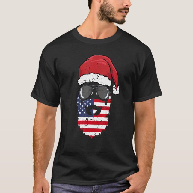 Patriotic Santa Claus Face Sunglasses Hat Beard Ch T-Shirt (Front)