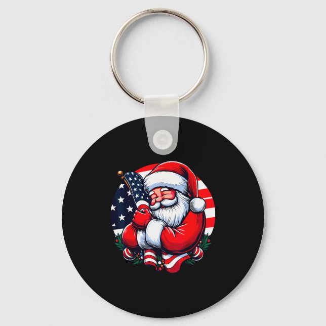 Patriotic Santa Claus Men Women Usa Flag Christmas Key Ring (Front)