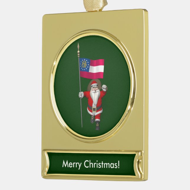 Patriotic Santa Claus Visiting Georgia Gold Plated Banner Ornament (Left)