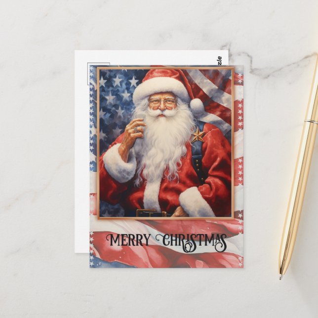 Patriotic Santa Claus Watercolor Postcard (Front/Back In Situ)
