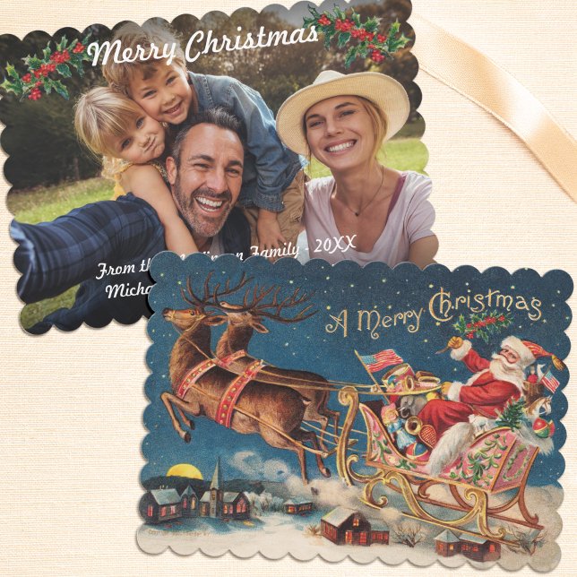 Patriotic Santa Merry Christmas Flat Photo Card (Flat, 2 sided Christmas photocard with vintage, patriotic American Santa Claus)