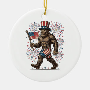 Patriotic Sasquatch Fireworks Vintage Engraving De Ceramic Tree Decoration