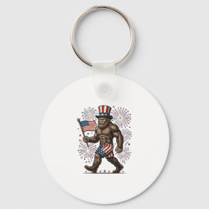 Patriotic Sasquatch Fireworks Vintage Engraving De Key Ring