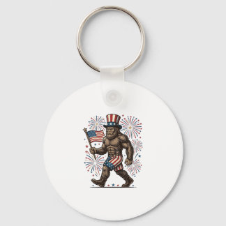 Patriotic Sasquatch Fireworks Vintage Engraving De Key Ring