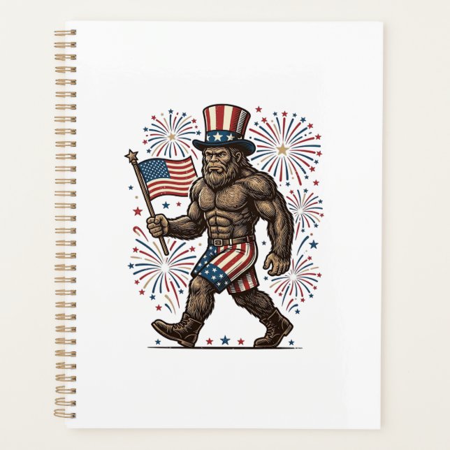 Patriotic Sasquatch Fireworks Vintage Engraving De Planner (Front)