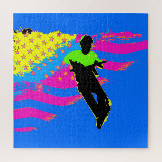 Patriotic Scooter Rider and US Flag Artwork Jigsaw Puzzle