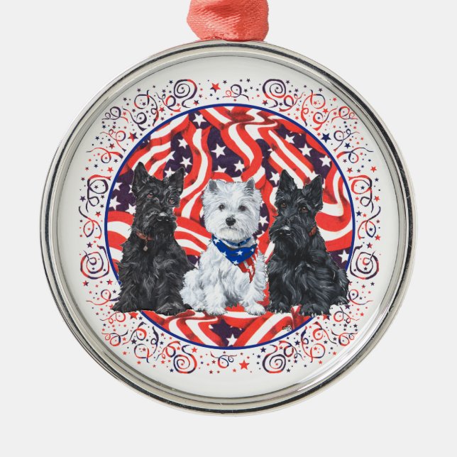 Patriotic Scotties and Westie Ornament (Front)