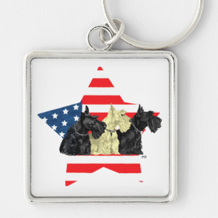 Patriotic Scottish Terriers on Star Key Ring