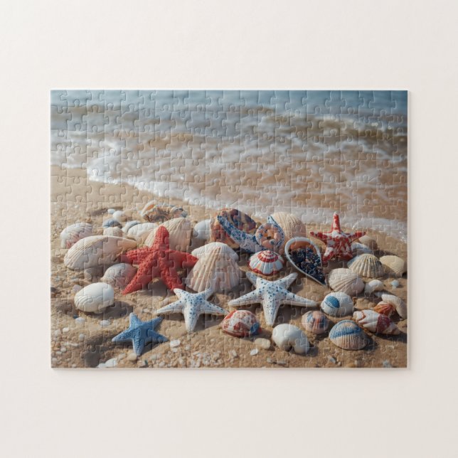 Patriotic seashells & starfish on a sandy beach jigsaw puzzle (Horizontal)