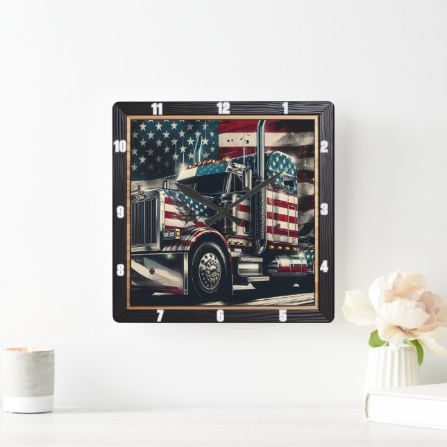 Patriotic Semi-Truck American Flag  Square Wall Clock (Home)