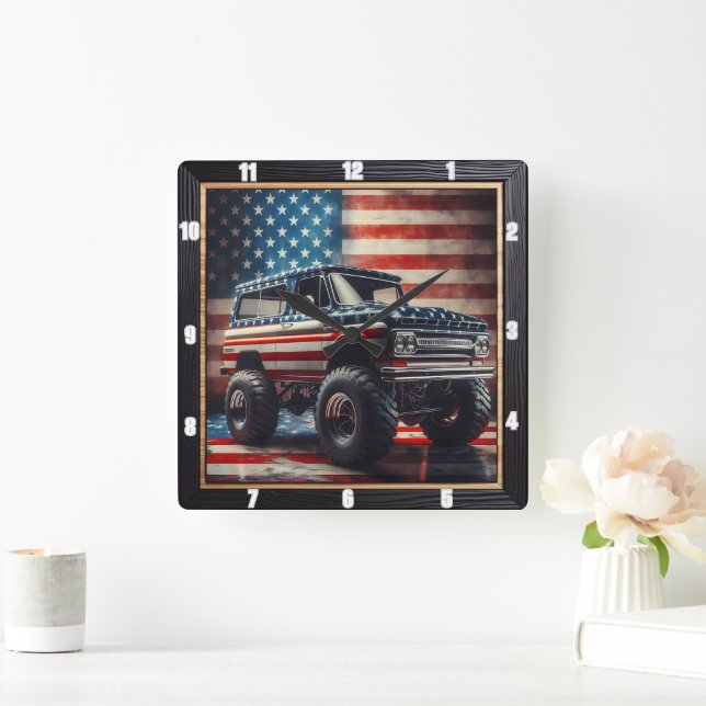 Patriotic Semi-Truck American Flag  Square Wall Clock (Home)