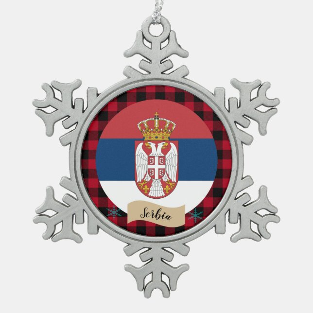Patriotic Serbia, Red buffalo plaid, Serbian Flag Snowflake Pewter Christmas Ornament (Front)