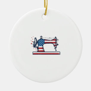 Patriotic Sewing Machine Vintage Engraving Vector_ Ceramic Tree Decoration