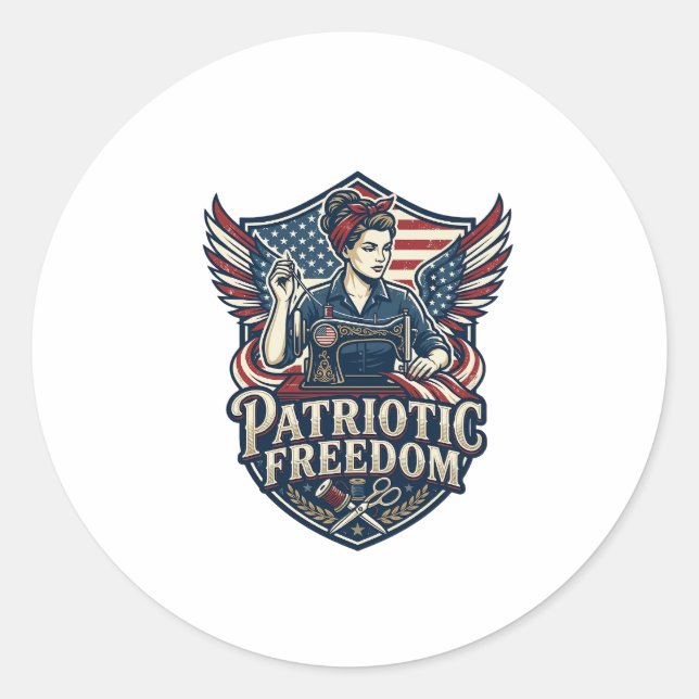 Patriotic Sewing Mum Vector Graphic Tee_1 Classic Round Sticker (Front)