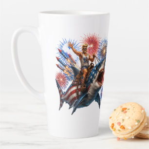 Patriotic Shark Rider Fireworks USA Latte Mug