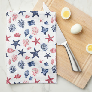 Patriotic Shells & Coral Summer Tea Towel