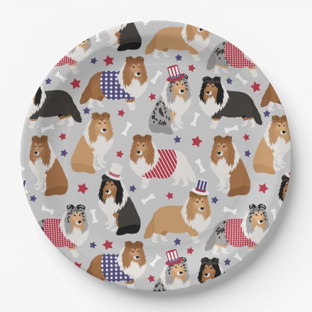 Patriotic Sheltie Shetland Sheepdog Paper Plates (Front)